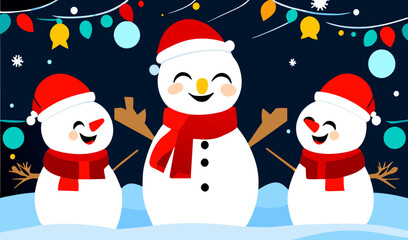 Three cute snowmen in the snow illustration