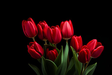 Naklejka premium photography of some red tulip flowers on a black background, in the style of playful compositions created with Generative Ai