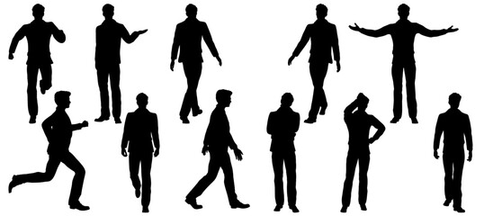 collection of different silhouette male body posing with business working suit, isolated vector