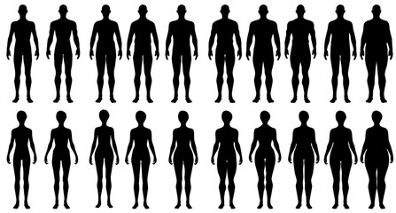 collection of  silhouette male and female body type with different body shape, skinny, muscular and plus size for graphic resource , isolated vector