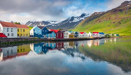 Foto auf Acrylglas Nordeuropa colorful building of small fishing town seydisfjordur reflected in the calm waters of north atlantic ocean beautiful summer scene of east west iceland europe traveling concept background