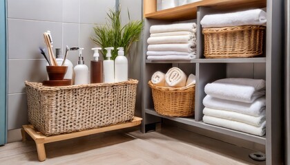 corner of the bathroom cabinet shelving unit and baskets with clean towels and toiletries generative ai - obrazy, fototapety, plakaty