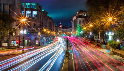Fototapeta na wymiar city street at night with colorful long exposure lights