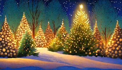 beautiful illustration of a christmas landscape with trees at night illuminated by warm light