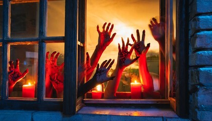 spooky many zombie hands outside the window red glowing light halloween or horror movie concept