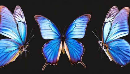 a set of three very beautiful blue butterflies with color transitions isolated on a background ai generated