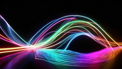 3d render abstract neon wallpaper glowing dynamic lines over black background light drawing trajectory