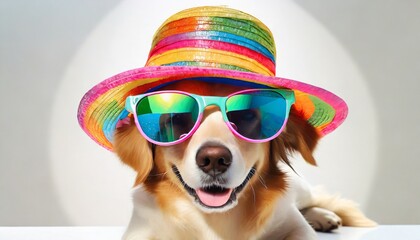 happy dog in colorful hat and sunglasses celebrating summer on white background