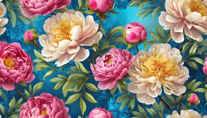 Stof per meter Pioenrozen floral seamless pattern with lush peonies botanical wallpaper luxurious floral background realistic flowers hand drawn 3d illustration great for wallpaper design fabric gift paper clothing