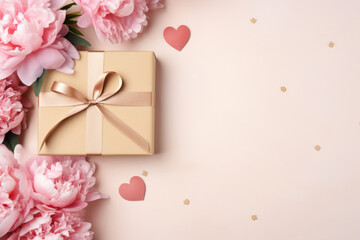 Valentine's day background with a gift box made of kraft paper, with paper hearts