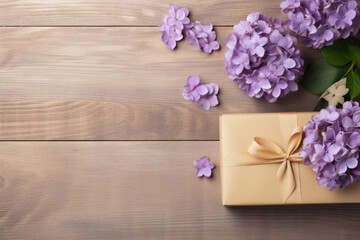 wooden Valentine's day background with kraft paper gift box