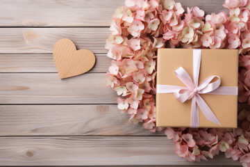 wooden Valentine's day background with kraft paper gift box