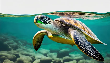 Foto op Plexiglas an endangered hawaiian green sea turtle cruises in the warm waters png isolated © Ashley