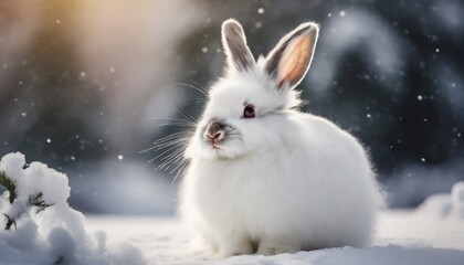 white funny fluffy rabbit in the snow
