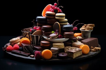 Assortment of delectable confections arranged on a dark surface in a visually appealing manner. Generative AI