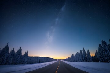 冬の夕焼け、雪に覆われた道の上に浮かぶ星と天の川、道の横には雪を冠った針葉樹の森が広がる風景 - obrazy, fototapety, plakaty