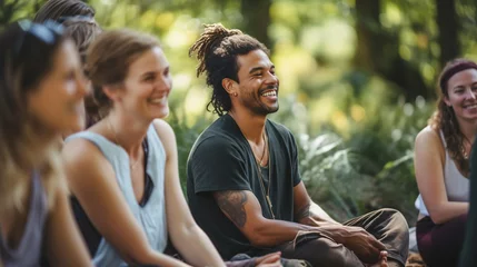 Fotobehang Diverse group of people men and women sitting in open air laughing talking engaged in mindful activities. Togetherness sense of community mental health concept © olindana