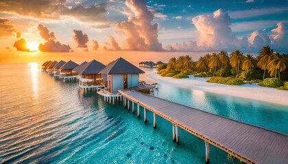 sunset on maldives island luxury water villas resort and wooden pier beautiful aerial sky clouds and beach background summer coast vacation travel paradise sunrise landscape pristine sea bay - obrazy, fototapety, plakaty