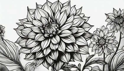 black and white dahlia flower drawing illustration with line art on white backgrounds generative ai