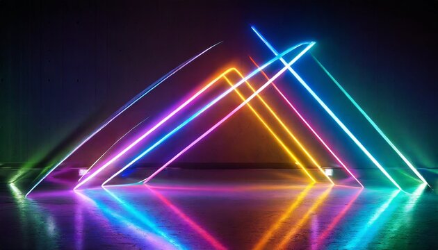 3d render abstract neon background of dynamic lines glowing in the dark room with floor reflection fluorescent ribbon
