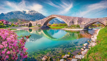 stunning spring view of old mes bridge gorgeous morning landscape of shkoder colorful outdoor scene of albania europe traveling concept background - obrazy, fototapety, plakaty