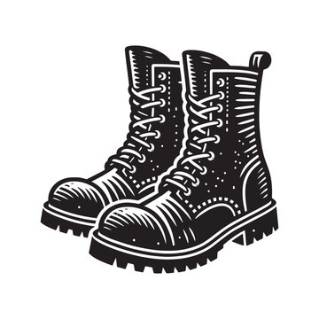 Ankle boots. Black high boots with tractor soles. Beautiful black vector illustration. old vintage engraving style. isolated on white background