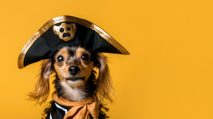 Dog in a pirate costume on an orange background, copyspace, space for text