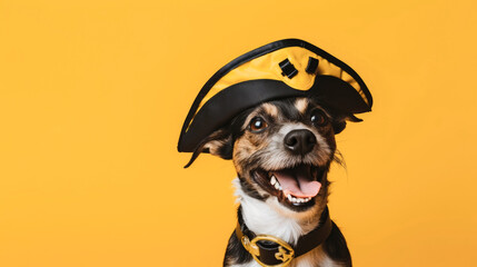 Dog in a pirate costume on a yellow background, copyspace, space for text