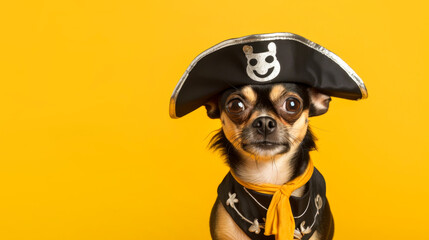 Dog in a pirate costume on a yellow background, copyspace, space for text