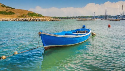 Naklejka na ściany i meble small blue boat at anchor