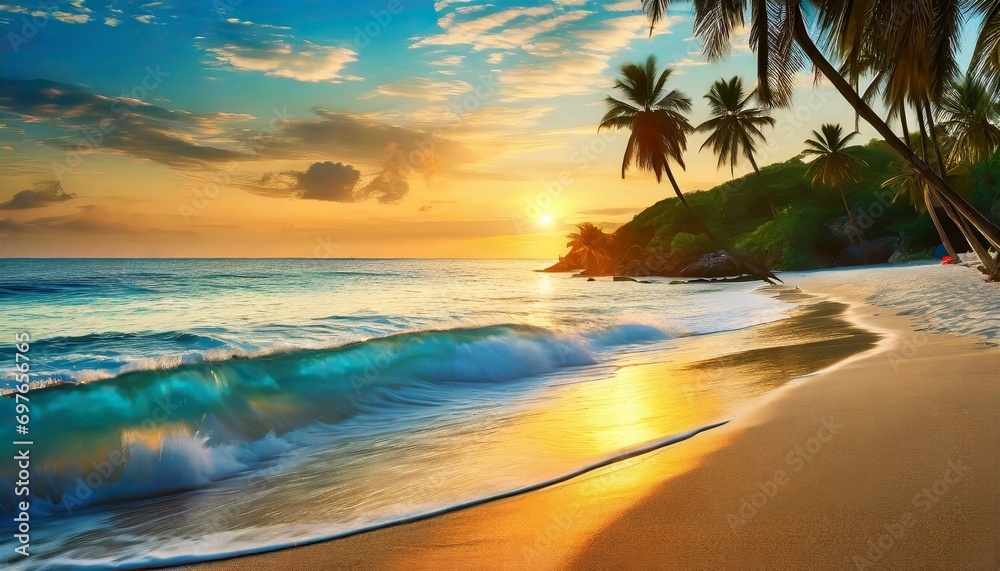 Wall mural a stunningly realistic beach scene in 4k ultra hd with crystal clear turquoise waters golden sands and lush palm trees swaying in a gentle breeze sunset over the ocean