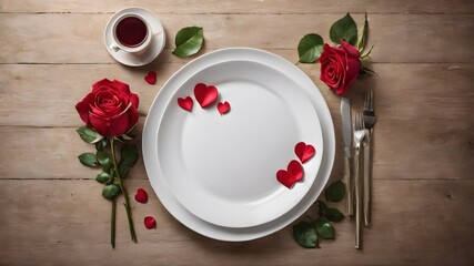 Table setting for Valentine's Day with hearts, coffee and red rose on white background