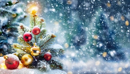 winter panoramic background with snow covered spruce branches christmas tree decorated with toys in snowfall christmas banner