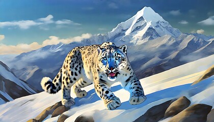an illustration of a rare snow leopard roaming on mount everest at 18 000 ft generative ai - obrazy, fototapety, plakaty