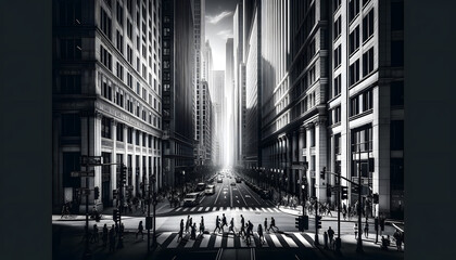 Dynamic urban scene in black and white, featuring a bustling city street with pedestrians and tall buildings