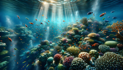 A vivid underwater scene, featuring a coral reef bustling with marine life, colorful fish, and sunbeams piercing through the water.