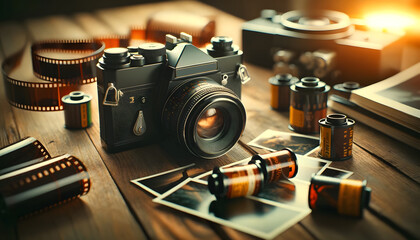A vintage film camera on a wooden table, surrounded by rolls of film and developed photos, with a nostalgic, grainy film photo aesthetic.