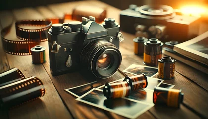 Fotobehang A vintage film camera on a wooden table, surrounded by rolls of film and developed photos, with a nostalgic, grainy film photo aesthetic. © Shevchenko Oleksandr