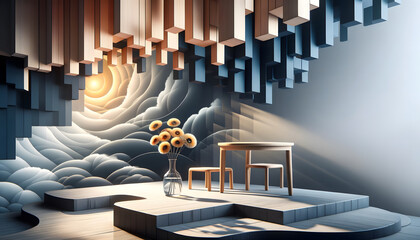 Photorealistic abstract scene, where everyday elements are transformed through shadows, reflections, and textures, creating an intriguing abstract composition