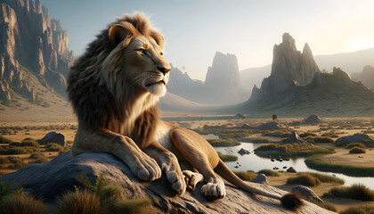 Lion in a relaxed yet engaging posture, like lounging with its head up, set in a rocky landscape with sparse bushes, highlighting its regal nature