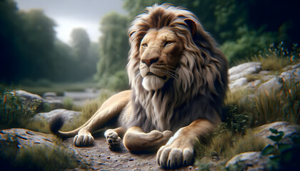 Relaxed lion in its natural habitat, lying down serenely, surrounded by elements like grass and trees, capturing the tranquil essence of wildlife