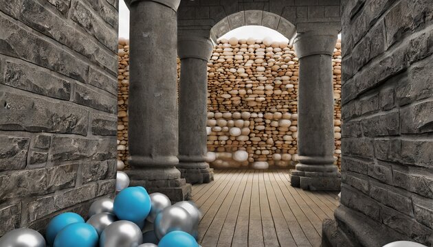 3d image of a stone wall with columns on the background of a tunnel with rolling balls