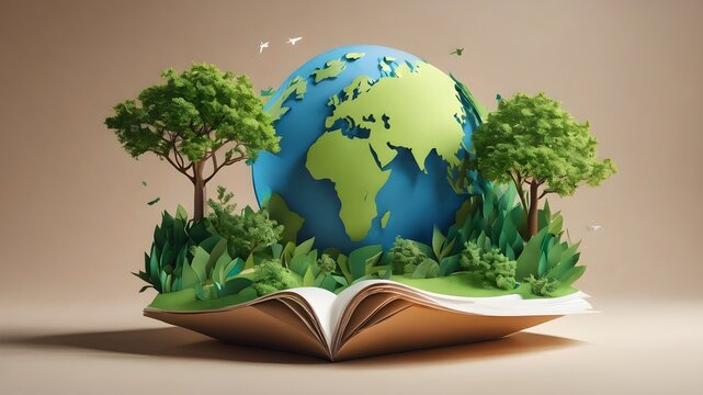 Green paper cut earth planet with nature environment inside. Modern 3d papercut illustration concept of world map, plant leaf and butterfly,house, Eco friendly solution, natural care design. 