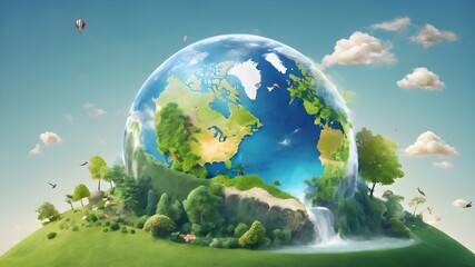 Glass globe in the in nature concept for environment and conservation,earth globe in the forest,ecology and environment sustainable concept.earth day