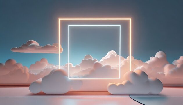 3d rendering abstract minimalist background of pastel cloud and blank linear square frame glowing with neon light simple geometric wallpaper