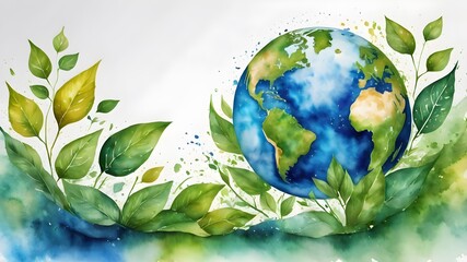 Vector watercolor bright Earth on white backdrop. Hand drawing planet illustration. Earth day,...