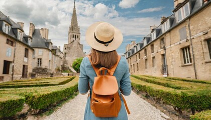 back view of tourist woman with hat and backpack at vacation in france wanderlust concept ai generated art generative ai - obrazy, fototapety, plakaty