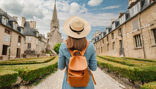 back view of tourist woman with hat and backpack at vacation in france wanderlust concept ai generated art generative ai