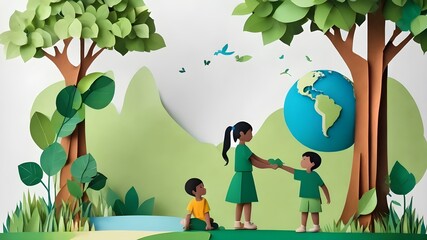 Obraz na płótnie Canvas Happy Earth Day, design world environment and earth day paper cut and craft concept.Landscape,World environment and earth day concept with boy and girl plant a tree,paper cut , paper collage style 