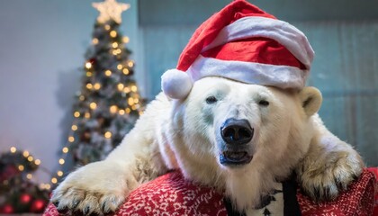 polar bear with santa claus hat on christmas